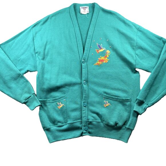 Vintage Women Hummingbird Sweatshirt Cardigan Embroidered Jerzees OSFM D106 - Picture 1 of 9